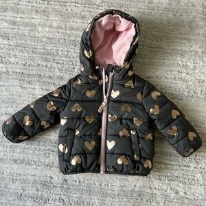 Carters Black Puffer Hooded Jacket with Metallic Gold Hearts 18M